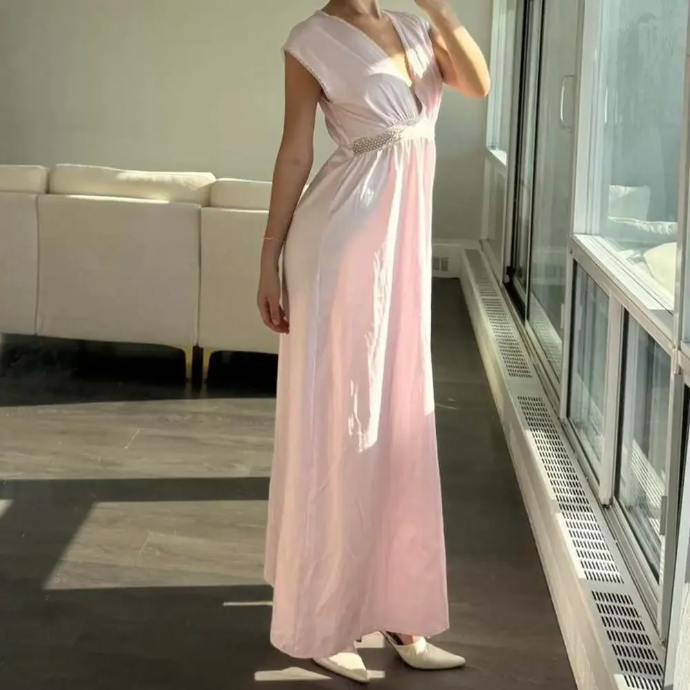 Vintage Baby Pink Lace Trim Maxi Dress - Fairycore Ballet Style - Picture 5 of 8